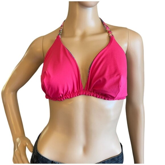 Etam Reversible Tropical Splash Halter Bikini Swim Top Sz L+ Pink to Floral - Picture 3 of 9